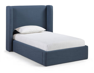 Meridian Furniture Kendall Winged Upholstered Twin Bed with Slatted Platform Base for Modern Bedrooms Navy Linen Textured Fabric B1282Navy-T