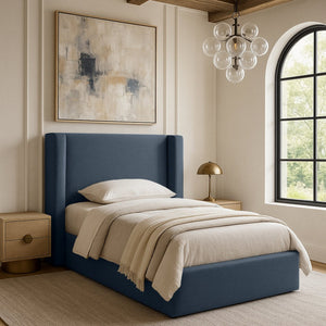 Meridian Furniture Kendall Winged Upholstered Twin Bed with Slatted Platform Base for Modern Bedrooms Navy Linen Textured Fabric B1282Navy-T