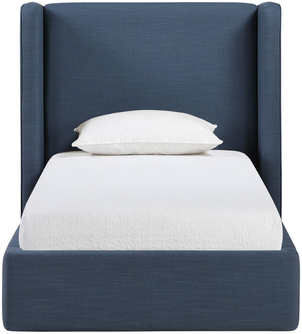 Meridian Furniture Kendall Winged Upholstered Twin Bed with Slatted Platform Base for Modern Bedrooms Navy Linen Textured Fabric B1282Navy-T