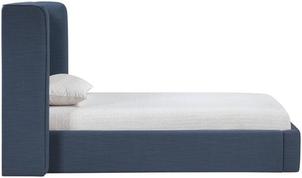 Meridian Furniture Kendall Winged Upholstered Twin Bed with Slatted Platform Base for Modern Bedrooms Navy Linen Textured Fabric B1282Navy-T