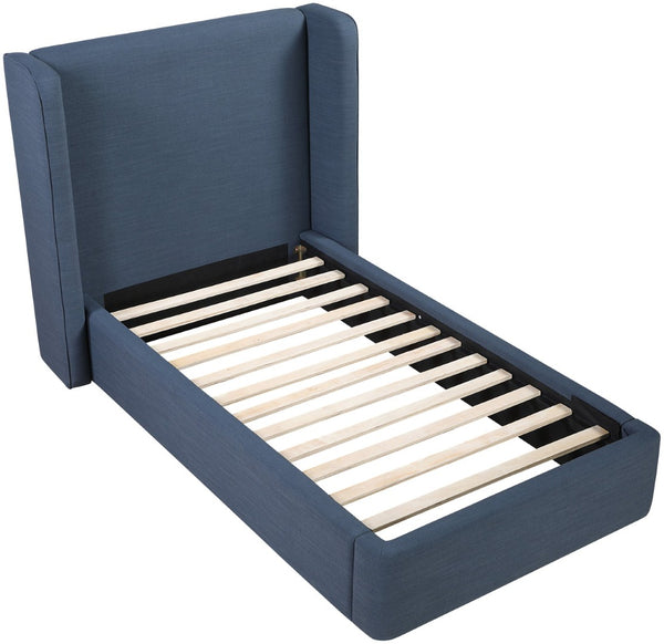 Meridian Furniture Kendall Winged Upholstered Twin Bed with Slatted Platform Base for Modern Bedrooms Navy Linen Textured Fabric B1282Navy-T