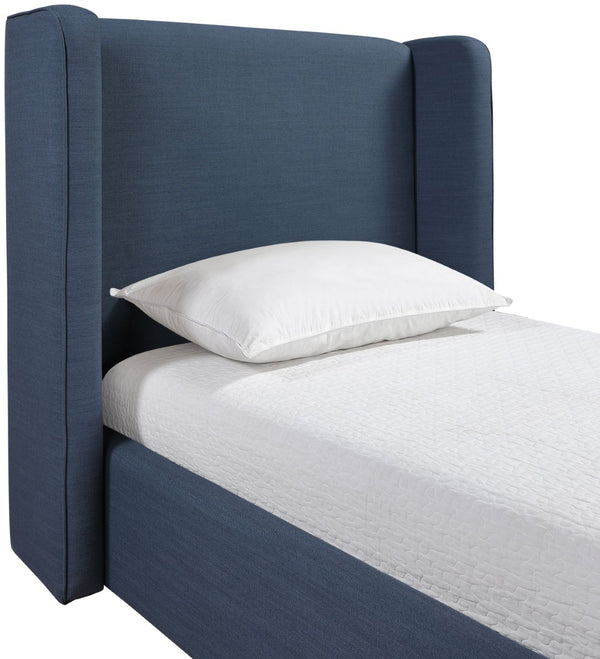 Meridian Furniture Kendall Winged Upholstered Twin Bed with Slatted Platform Base for Modern Bedrooms Navy Linen Textured Fabric B1282Navy-T