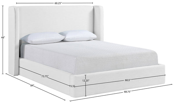 Meridian Furniture Kendall Winged Upholstered Full Bed in White Linen Fabric for Modern Bedrooms B1282White-F