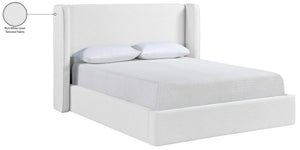 Meridian Furniture Kendall Winged Upholstered Full Bed in White Linen Fabric for Modern Bedrooms B1282White-F