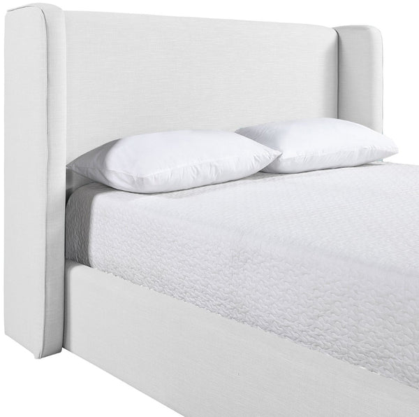 Meridian Furniture Kendall Winged Upholstered Full Bed in White Linen Fabric for Modern Bedrooms B1282White-F
