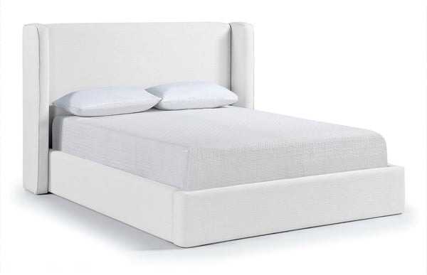Meridian Furniture Kendall Winged Upholstered King Bed with Slatted Platform Base for Modern Bedroom Elegance White Linen Textured Fabric B1282White-K