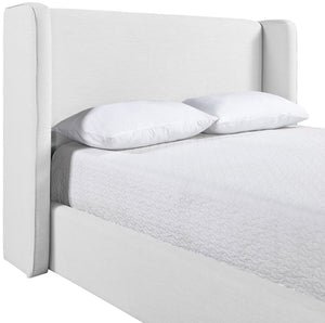 Meridian Furniture Kendall Winged Upholstered King Bed with Slatted Platform Base for Modern Bedroom Elegance White Linen Textured Fabric B1282White-K
