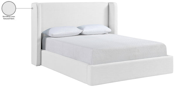 Meridian Furniture Kendall Winged Queen Bed Fully Upholstered Tailored Frame for Modern Bedroom Styling White Linen Textured Fabric B1282White-Q