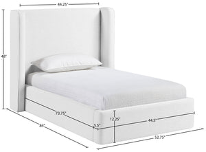 Meridian Furniture Kendall Winged Upholstered Twin Bed with Slatted Platform Base for Modern Bedrooms White Linen Textured Fabric B1282White-T