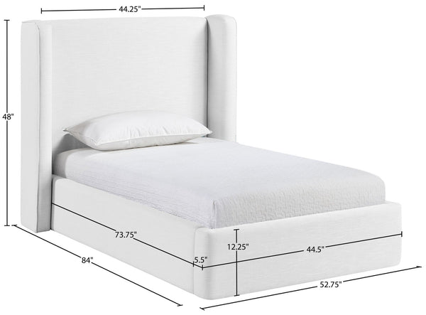 Meridian Furniture Kendall Winged Upholstered Twin Bed with Slatted Platform Base for Modern Bedrooms White Linen Textured Fabric B1282White-T