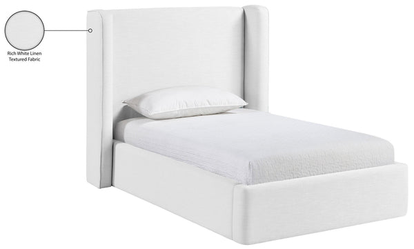 Meridian Furniture Kendall Winged Upholstered Twin Bed with Slatted Platform Base for Modern Bedrooms White Linen Textured Fabric B1282White-T