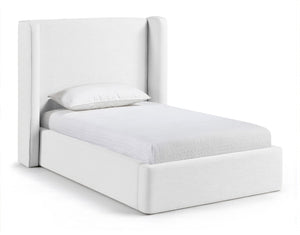 Meridian Furniture Kendall Winged Upholstered Twin Bed with Slatted Platform Base for Modern Bedrooms White Linen Textured Fabric B1282White-T