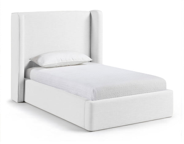 Meridian Furniture Kendall Winged Upholstered Twin Bed with Slatted Platform Base for Modern Bedrooms White Linen Textured Fabric B1282White-T