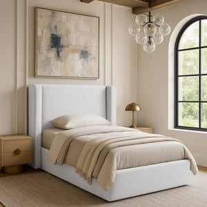 Meridian Furniture Kendall Winged Upholstered Twin Bed with Slatted Platform Base for Modern Bedrooms White Linen Textured Fabric B1282White-T