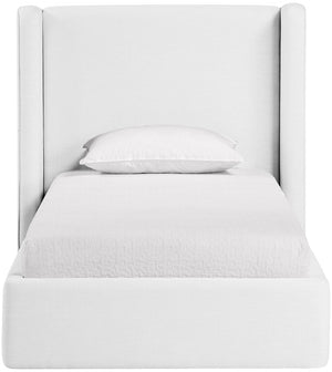 Meridian Furniture Kendall Winged Upholstered Twin Bed with Slatted Platform Base for Modern Bedrooms White Linen Textured Fabric B1282White-T