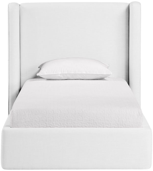 Meridian Furniture Kendall Winged Upholstered Twin Bed with Slatted Platform Base for Modern Bedrooms White Linen Textured Fabric B1282White-T