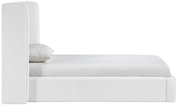 Meridian Furniture Kendall Winged Upholstered Twin Bed with Slatted Platform Base for Modern Bedrooms White Linen Textured Fabric B1282White-T