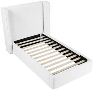Meridian Furniture Kendall Winged Upholstered Twin Bed with Slatted Platform Base for Modern Bedrooms White Linen Textured Fabric B1282White-T