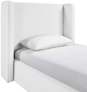 Meridian Furniture Kendall Winged Upholstered Twin Bed with Slatted Platform Base for Modern Bedrooms White Linen Textured Fabric B1282White-T