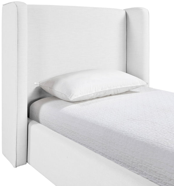 Meridian Furniture Kendall Winged Upholstered Twin Bed with Slatted Platform Base for Modern Bedrooms White Linen Textured Fabric B1282White-T