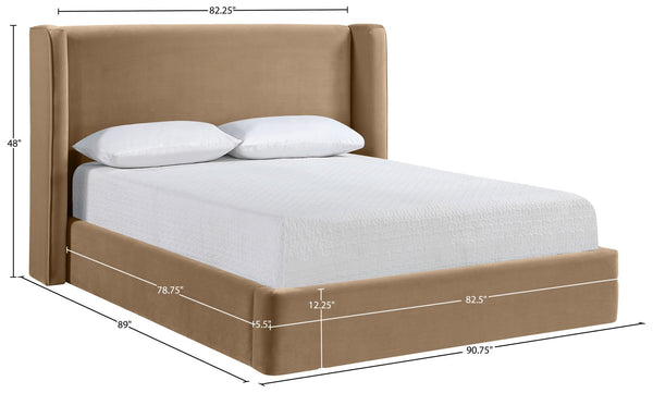 Meridian Furniture Kendall Winged Upholstered King Bed with Slatted Platform Base for Modern Bedroom Elegance Beige Velvet B1283Beige-K