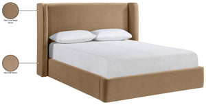 Meridian Furniture Kendall Winged Upholstered King Bed with Slatted Platform Base for Modern Bedroom Elegance Beige Velvet B1283Beige-K
