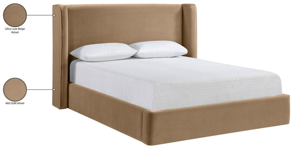 Meridian Furniture Kendall Winged Upholstered King Bed with Slatted Platform Base for Modern Bedroom Elegance Beige Velvet B1283Beige-K