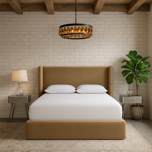 Meridian Furniture Kendall Winged Upholstered King Bed with Slatted Platform Base for Modern Bedroom Elegance Beige Velvet B1283Beige-K