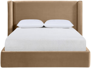 Meridian Furniture Kendall Winged Queen Bed Fully Upholstered Tailored Frame for Modern Bedroom Styling Beige Velvet B1283Beige-Q