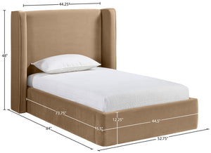 Meridian Furniture Kendall Winged Upholstered Twin Bed with Slatted Platform Base for Modern Bedrooms Beige Velvet B1283Beige-T