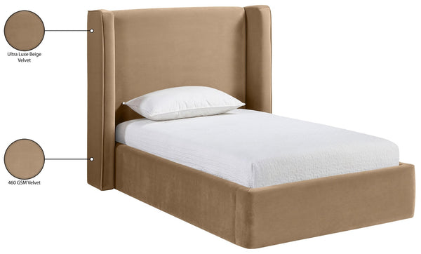 Meridian Furniture Kendall Winged Upholstered Twin Bed with Slatted Platform Base for Modern Bedrooms Beige Velvet B1283Beige-T