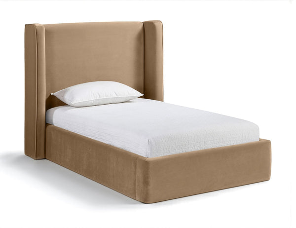 Meridian Furniture Kendall Winged Upholstered Twin Bed with Slatted Platform Base for Modern Bedrooms Beige Velvet B1283Beige-T