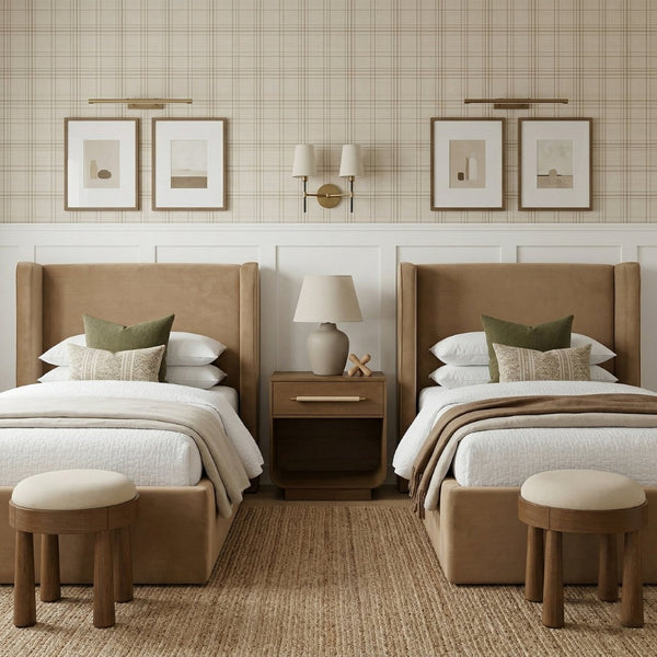 Meridian Furniture Kendall Winged Upholstered Twin Bed with Slatted Platform Base for Modern Bedrooms Beige Velvet B1283Beige-T