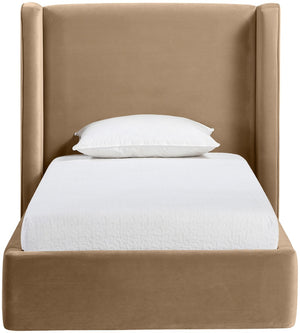 Meridian Furniture Kendall Winged Upholstered Twin Bed with Slatted Platform Base for Modern Bedrooms Beige Velvet B1283Beige-T