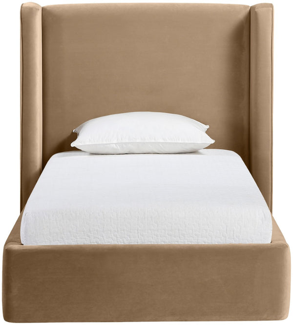 Meridian Furniture Kendall Winged Upholstered Twin Bed with Slatted Platform Base for Modern Bedrooms Beige Velvet B1283Beige-T