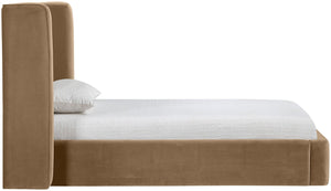 Meridian Furniture Kendall Winged Upholstered Twin Bed with Slatted Platform Base for Modern Bedrooms Beige Velvet B1283Beige-T