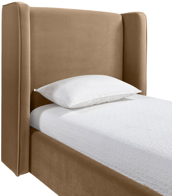 Meridian Furniture Kendall Winged Upholstered Twin Bed with Slatted Platform Base for Modern Bedrooms Beige Velvet B1283Beige-T