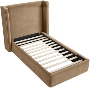 Meridian Furniture Kendall Winged Upholstered Twin Bed with Slatted Platform Base for Modern Bedrooms Beige Velvet B1283Beige-T