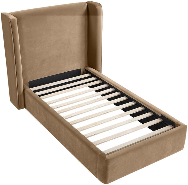 Meridian Furniture Kendall Winged Upholstered Twin Bed with Slatted Platform Base for Modern Bedrooms Beige Velvet B1283Beige-T