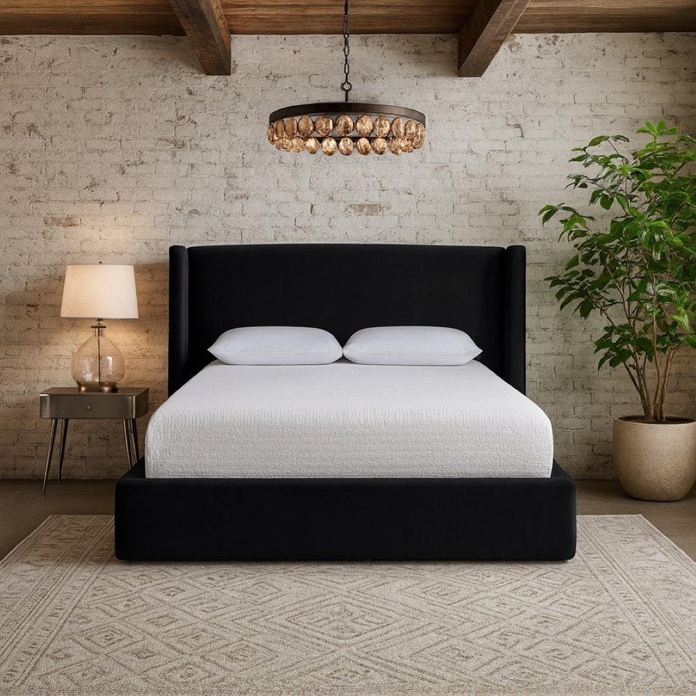 Meridian Furniture Kendall Winged Velvet Full Bed with Tailored Frame for Contemporary Bedrooms B1283Black-F