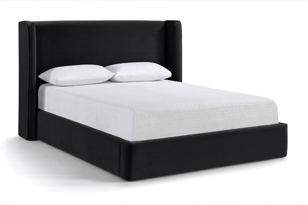 Meridian Furniture Kendall Winged Queen Bed Fully Upholstered Tailored Frame for Modern Bedroom Styling Black Velvet B1283Black-Q