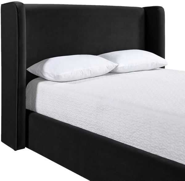 Meridian Furniture Kendall Winged Queen Bed Fully Upholstered Tailored Frame for Modern Bedroom Styling Black Velvet B1283Black-Q