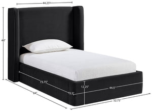 Meridian Furniture Kendall Winged Upholstered Twin Bed with Slatted Platform Base for Modern Bedrooms Black Velvet B1283Black-T