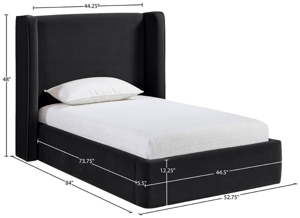 Meridian Furniture Kendall Winged Upholstered Twin Bed with Slatted Platform Base for Modern Bedrooms Black Velvet B1283Black-T