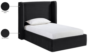 Meridian Furniture Kendall Winged Upholstered Twin Bed with Slatted Platform Base for Modern Bedrooms Black Velvet B1283Black-T