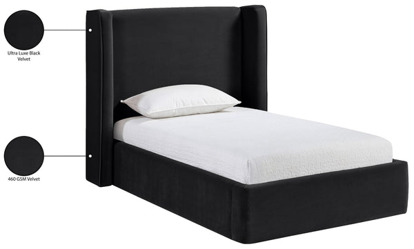 Meridian Furniture Kendall Winged Upholstered Twin Bed with Slatted Platform Base for Modern Bedrooms Black Velvet B1283Black-T