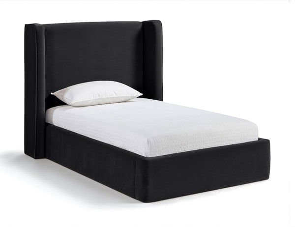 Meridian Furniture Kendall Winged Upholstered Twin Bed with Slatted Platform Base for Modern Bedrooms Black Velvet B1283Black-T