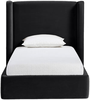 Meridian Furniture Kendall Winged Upholstered Twin Bed with Slatted Platform Base for Modern Bedrooms Black Velvet B1283Black-T