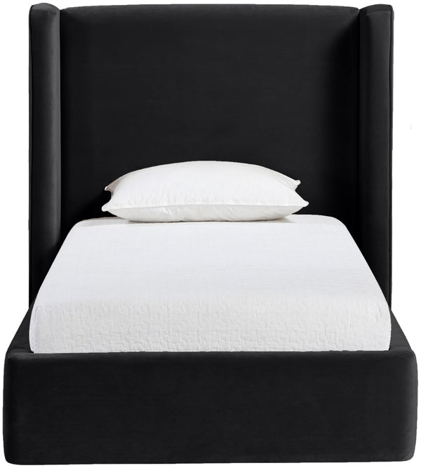 Meridian Furniture Kendall Winged Upholstered Twin Bed with Slatted Platform Base for Modern Bedrooms Black Velvet B1283Black-T