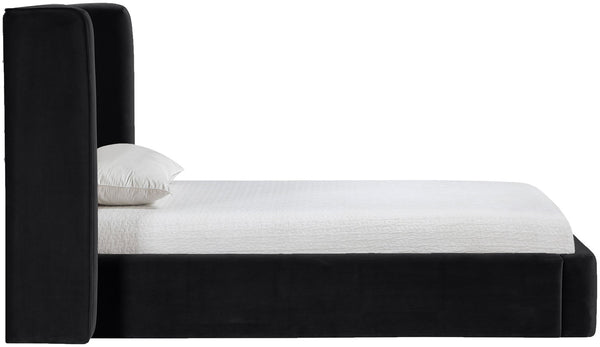 Meridian Furniture Kendall Winged Upholstered Twin Bed with Slatted Platform Base for Modern Bedrooms Black Velvet B1283Black-T